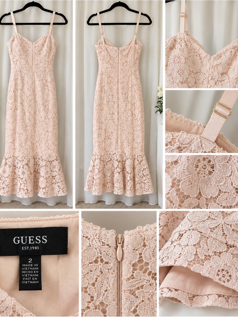 GUESS Blush Pink Lace Midi Dress with Mermaid Hem